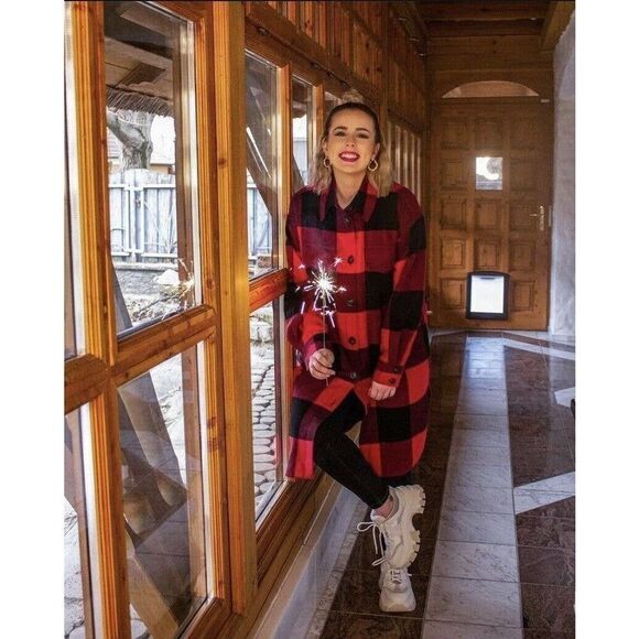 Plaid Shacket Shirt Jacket H&M Bloggers Red Black - Picture 5 of 7